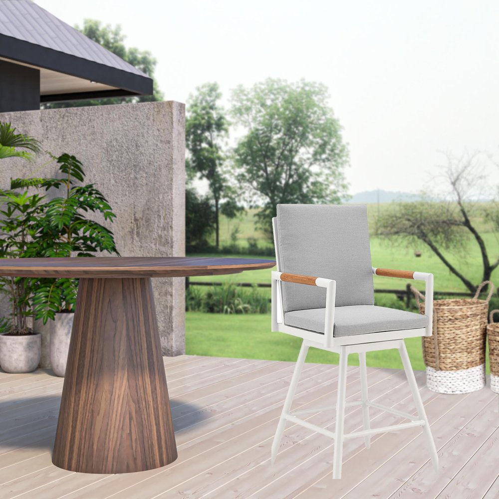 48" Light Gray Metal Swivel Outdoor Bar Height chair with Footrest