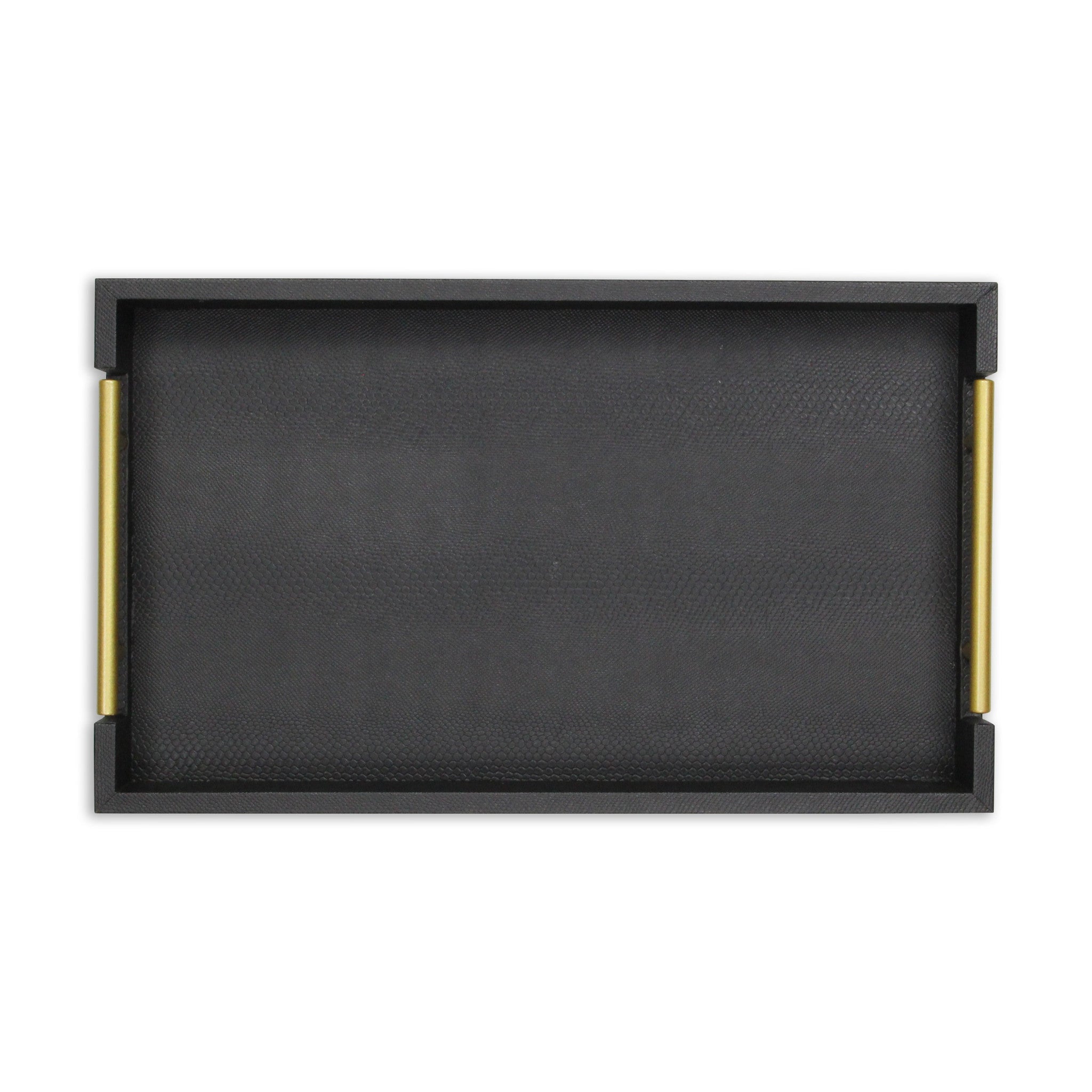 16" Black Wood Faux Shagreen Serving Tray With Handles