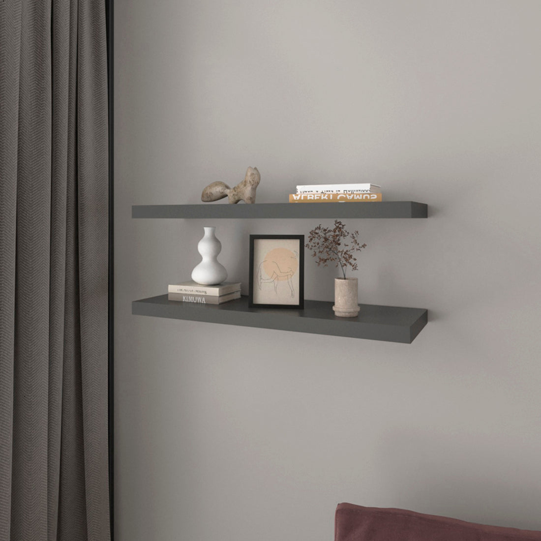 32" Set Of Two Dark Gray Wood Wall Mounted Floating Shelves