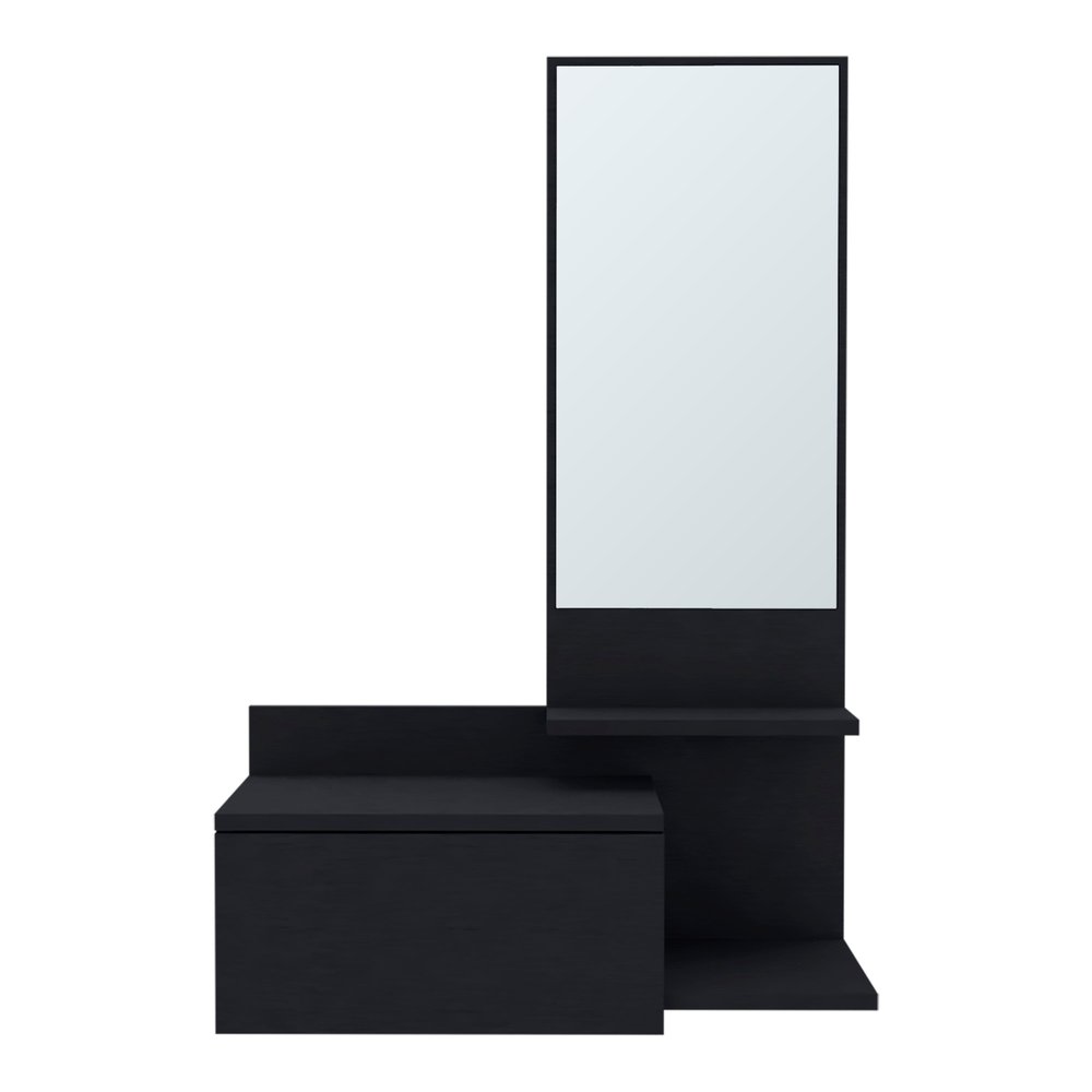 36" Black Wood Wall Mounted Accent Cabinet With Drawer And Mirror