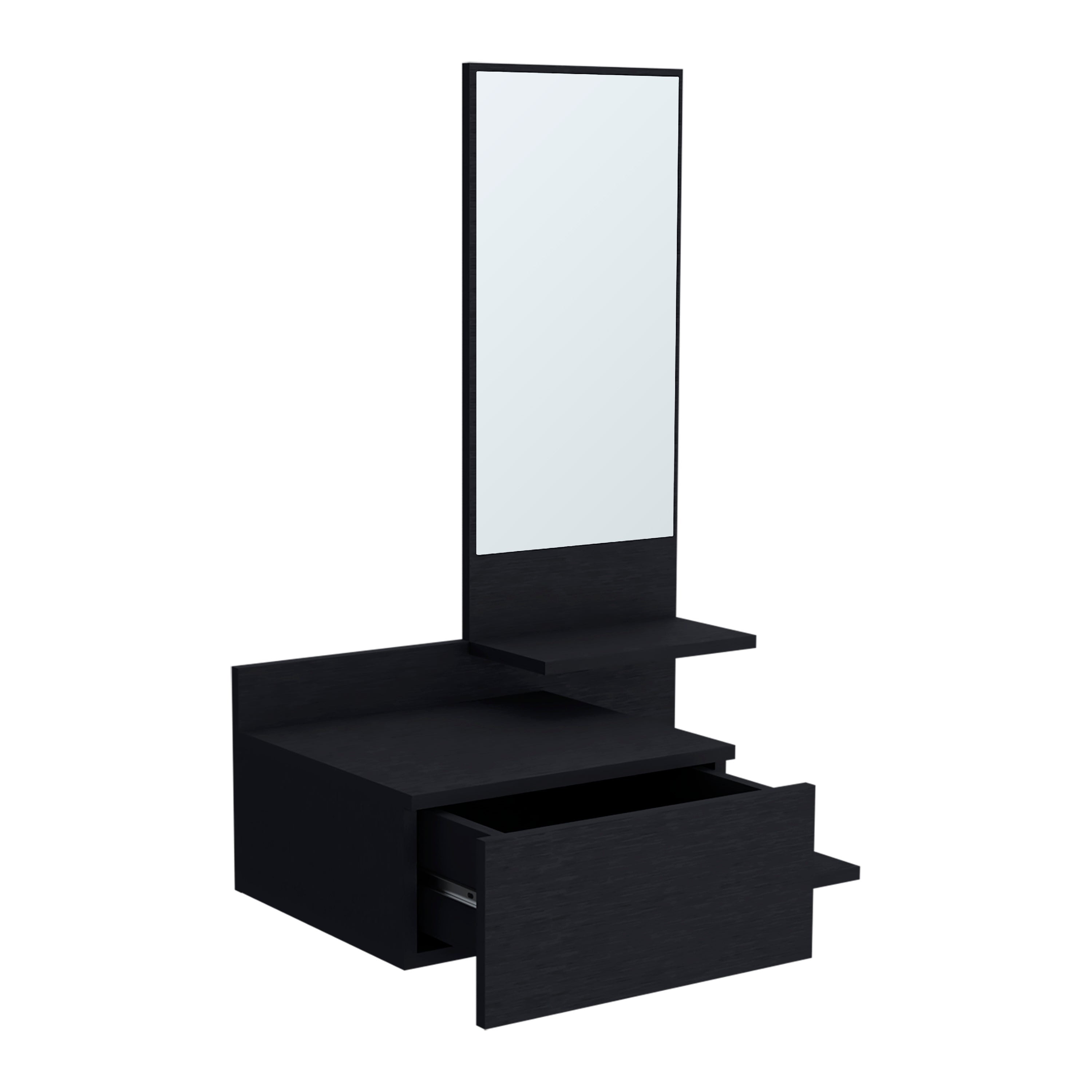 36" Black Wood Wall Mounted Accent Cabinet With Drawer And Mirror
