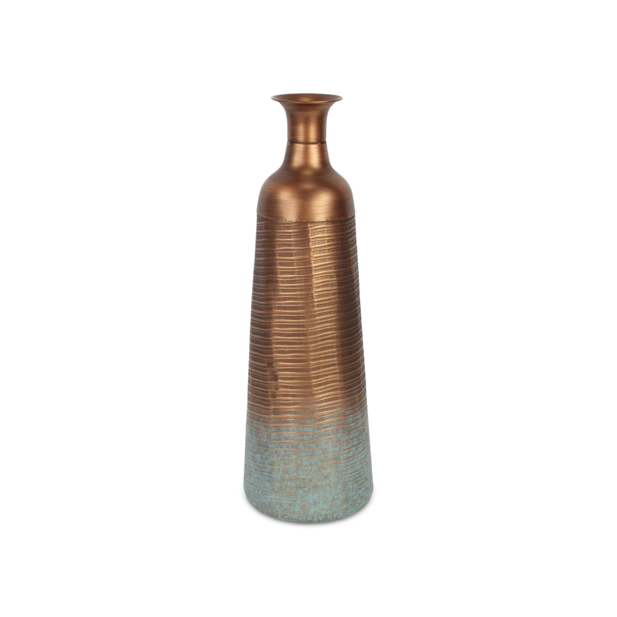 24" Copper And Teal Abstract Tapered Metal Table Vase