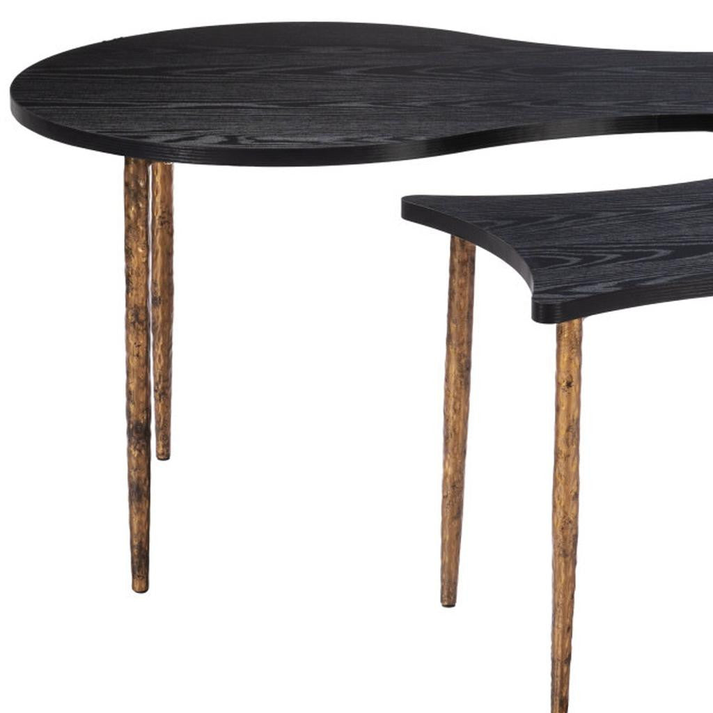 Set of Two Black and Bronze Wood and Steel Free Form Coffee And End Table