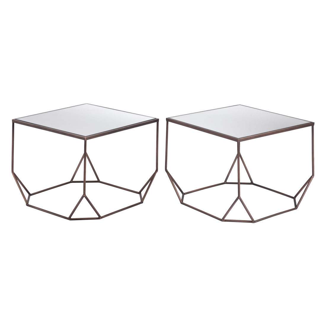 Set of Two Silver and Bronze Mirrored Glass and Steel Square Abstract Bunching Coffee Tables