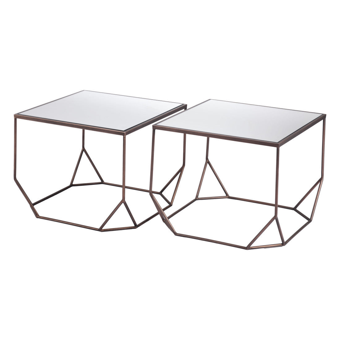 Set of Two Silver and Bronze Mirrored Glass and Steel Square Abstract Bunching Coffee Tables