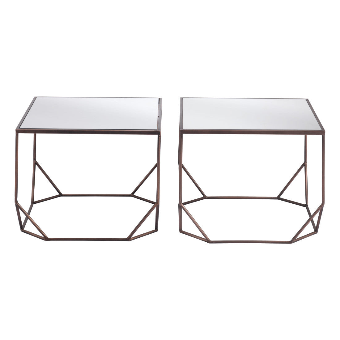 Set of Two Silver and Bronze Mirrored Glass and Steel Square Abstract Bunching Coffee Tables