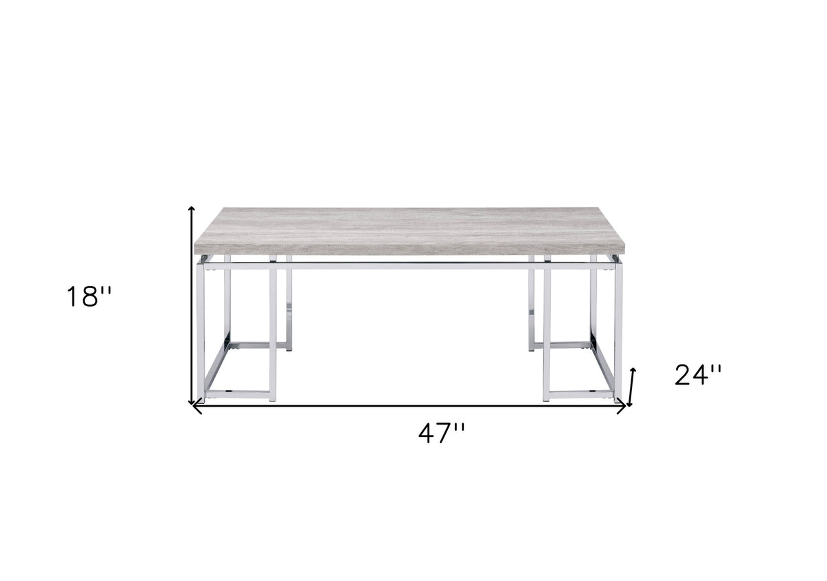 47" Oak and Silver Wood And Metal Frame Coffee Table