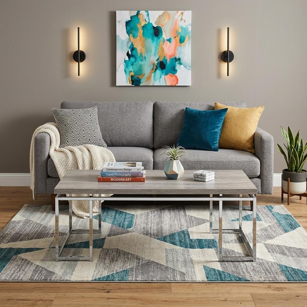 47" Oak and Silver Wood And Metal Frame Coffee Table