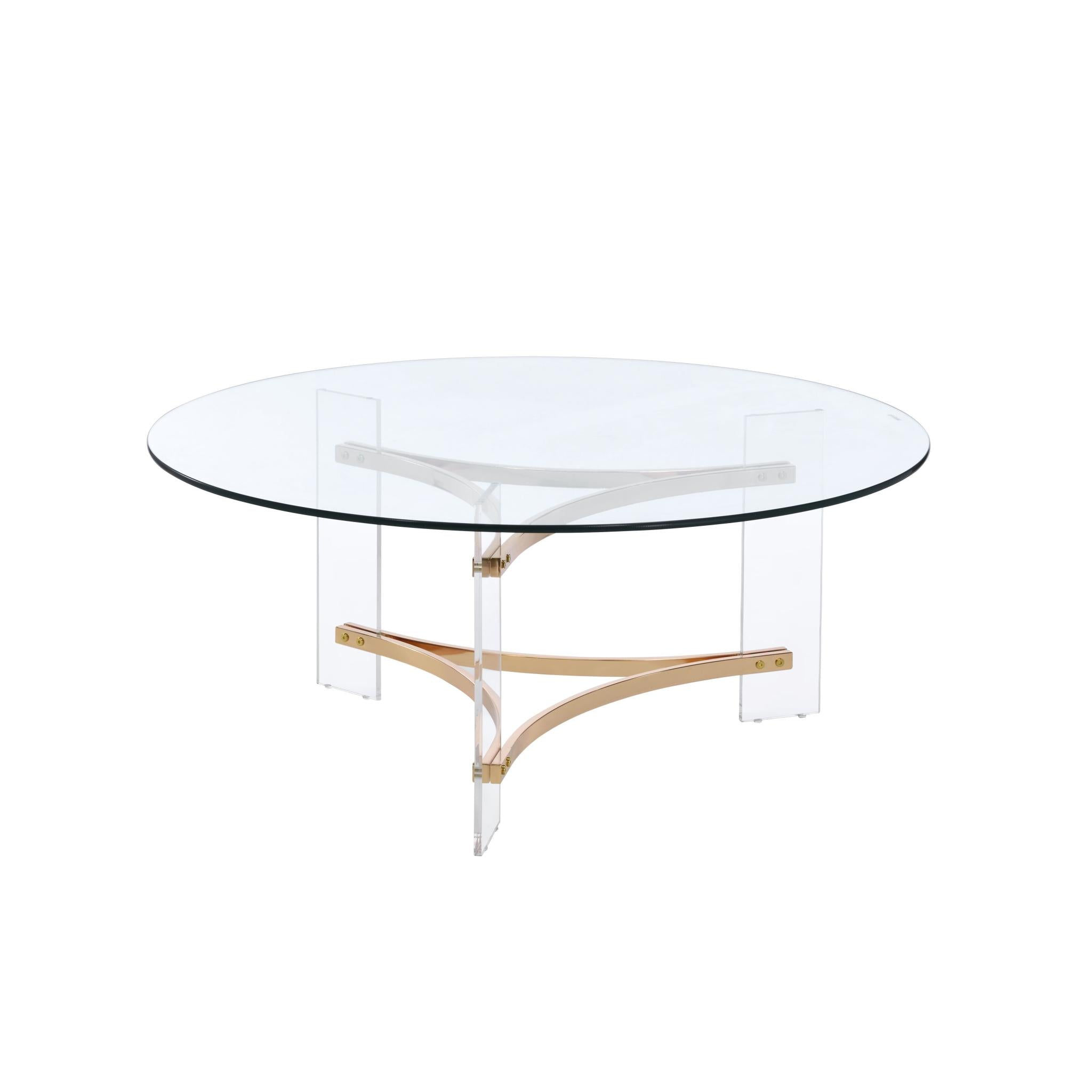 41" Clear and Gold Glass Acrylic and Brass Round Coffee Table