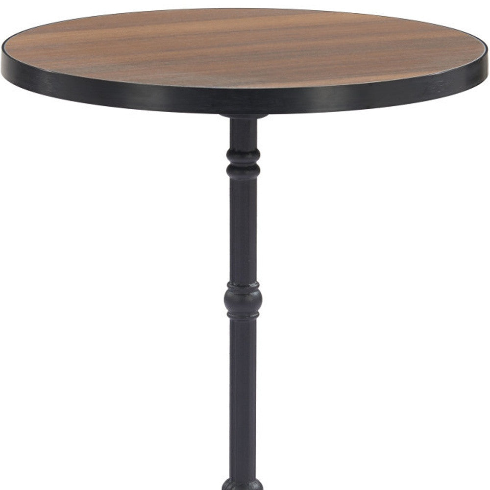24" Walnut and Black Wood And Aluminum Indoor Outdoor Pedestal Base Round Top Dining Table