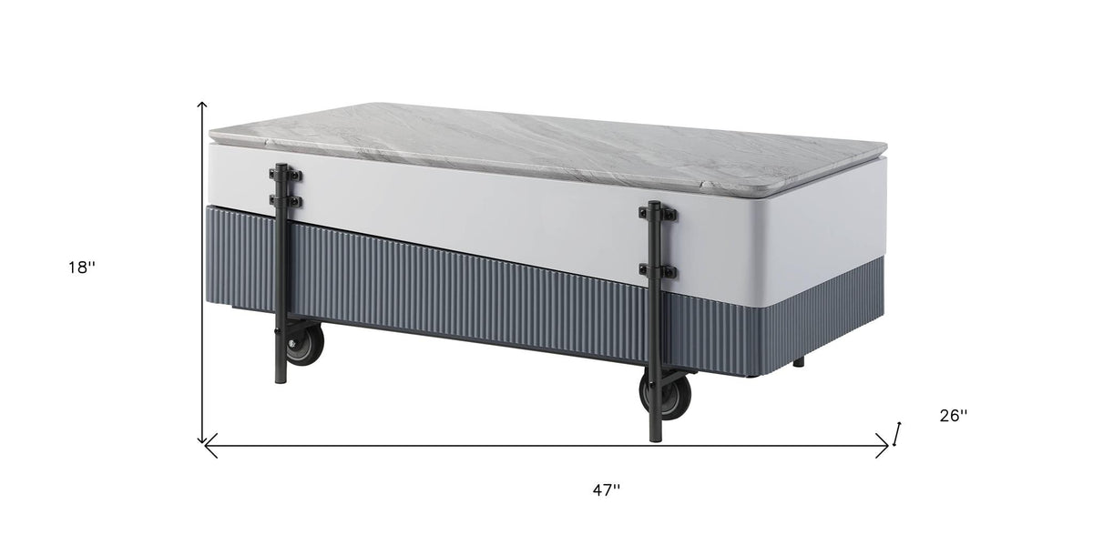 47" Gray White and Black Faux Marble Wood and Steel Lift Top Coffee Table