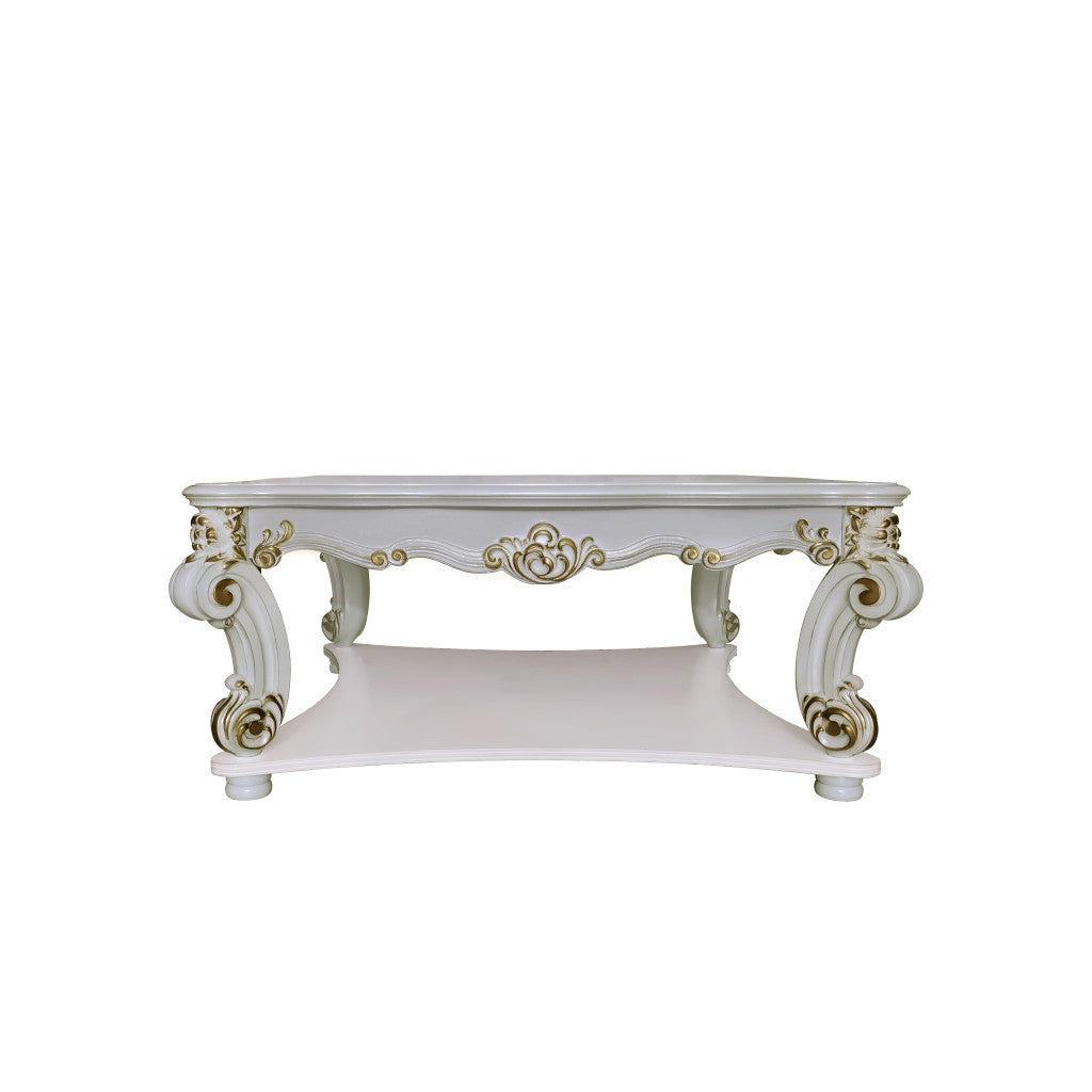 58" Ivory and Gold Wood Square Coffee Table With Shelf