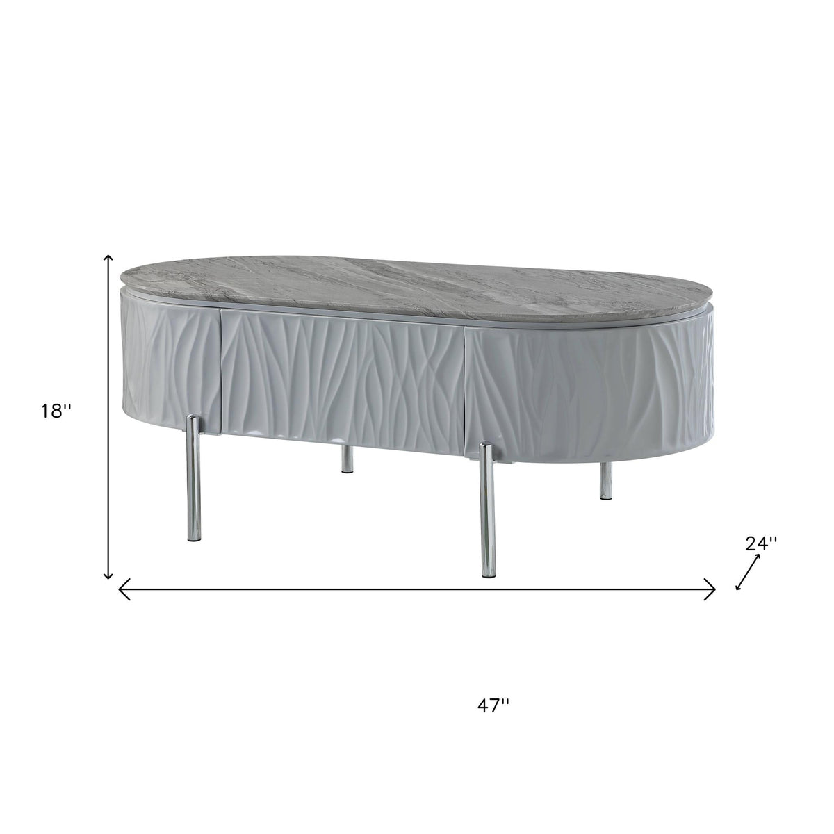 47" Gray Wood and Steel Oval Coffee Table With Drawer