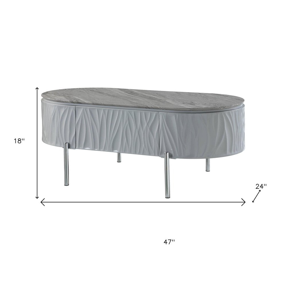 47" Gray Wood and Steel Oval Coffee Table With Drawer