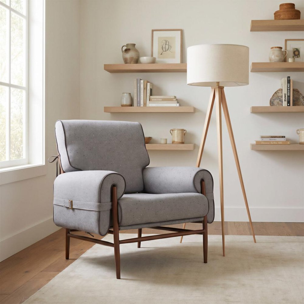 34" Gray And Brown Upholstered Arm Chair