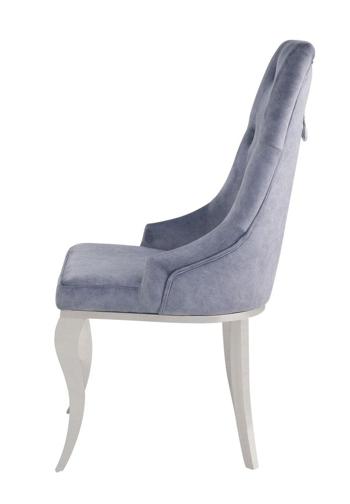 Set of Two Gray and Silver Tufted Fabric Dining Side Chairs