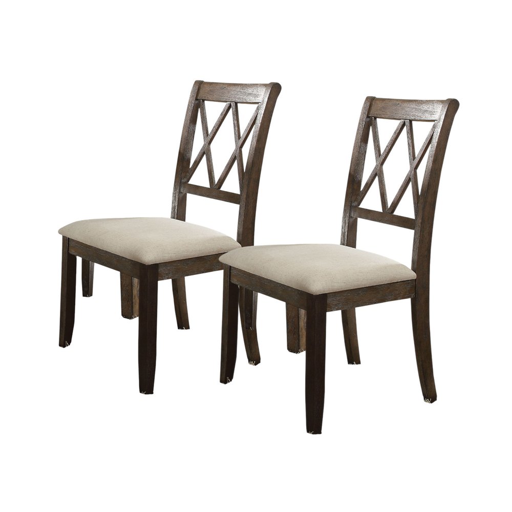 Set of Two Beige and Brown Linen Open Back Dining Side Chairs