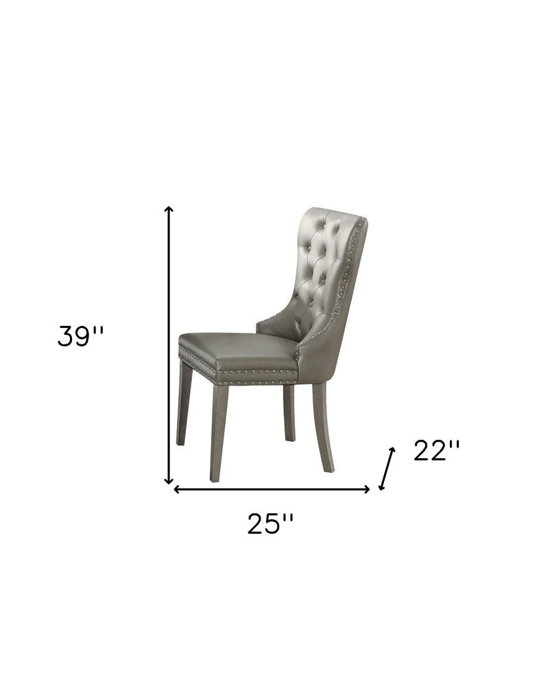 Set of Two Champagne Tufted Faux Leather Wing Back Dining Side Chairs
