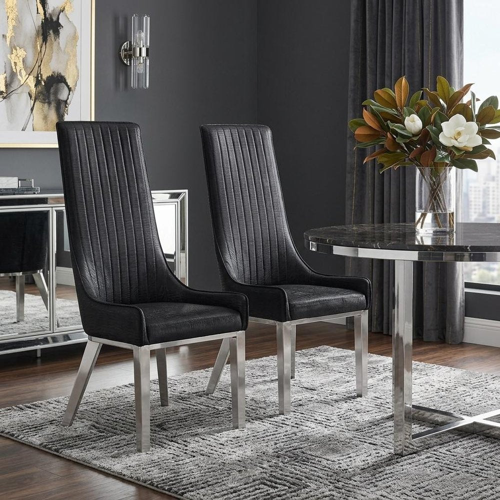 Set of Two Black and Silver Faux Leather Dining Side Chairs