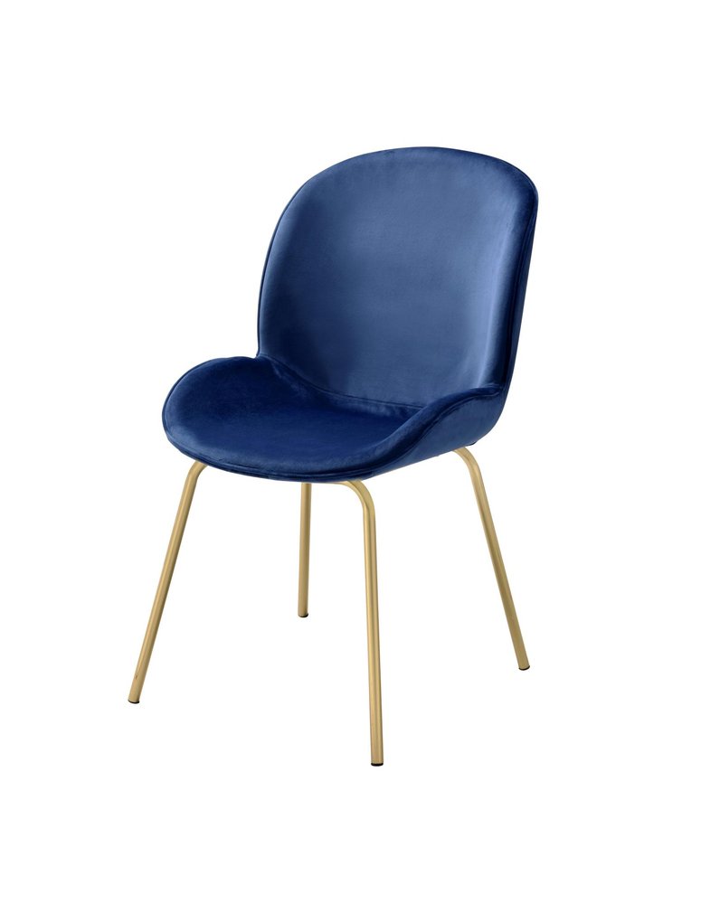 Set of Two Blue and Gold Velvet Wing Back Dining Side Chairs