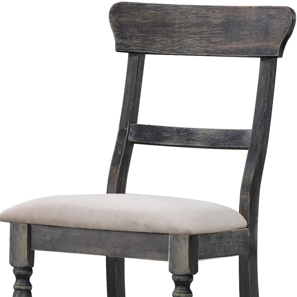 Set of Two Light Brown and Gray Linen Slat Back Dining Side Chairs