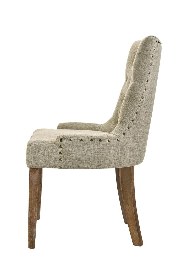 Set of Two Beige and Oak Tufted Fabric Dining Side Chairs