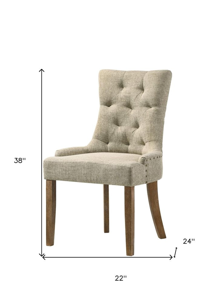 Set of Two Beige and Oak Tufted Fabric Dining Side Chairs