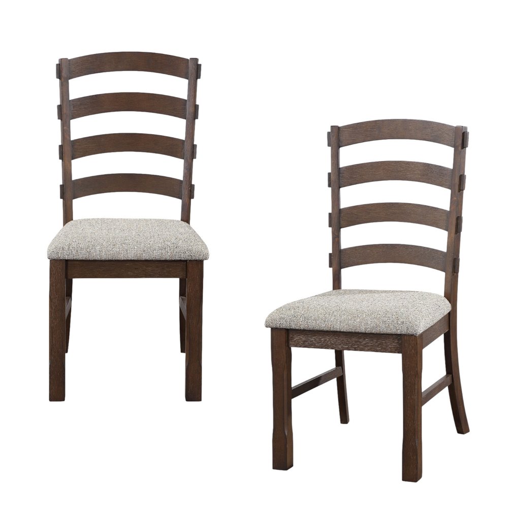 Set of Two Gray and Oak Fabric Ladder Back Dining Side Chairs