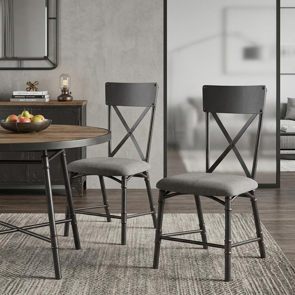 Set of Two Gray and Black Fabric Cross Back Dining Side Chairs