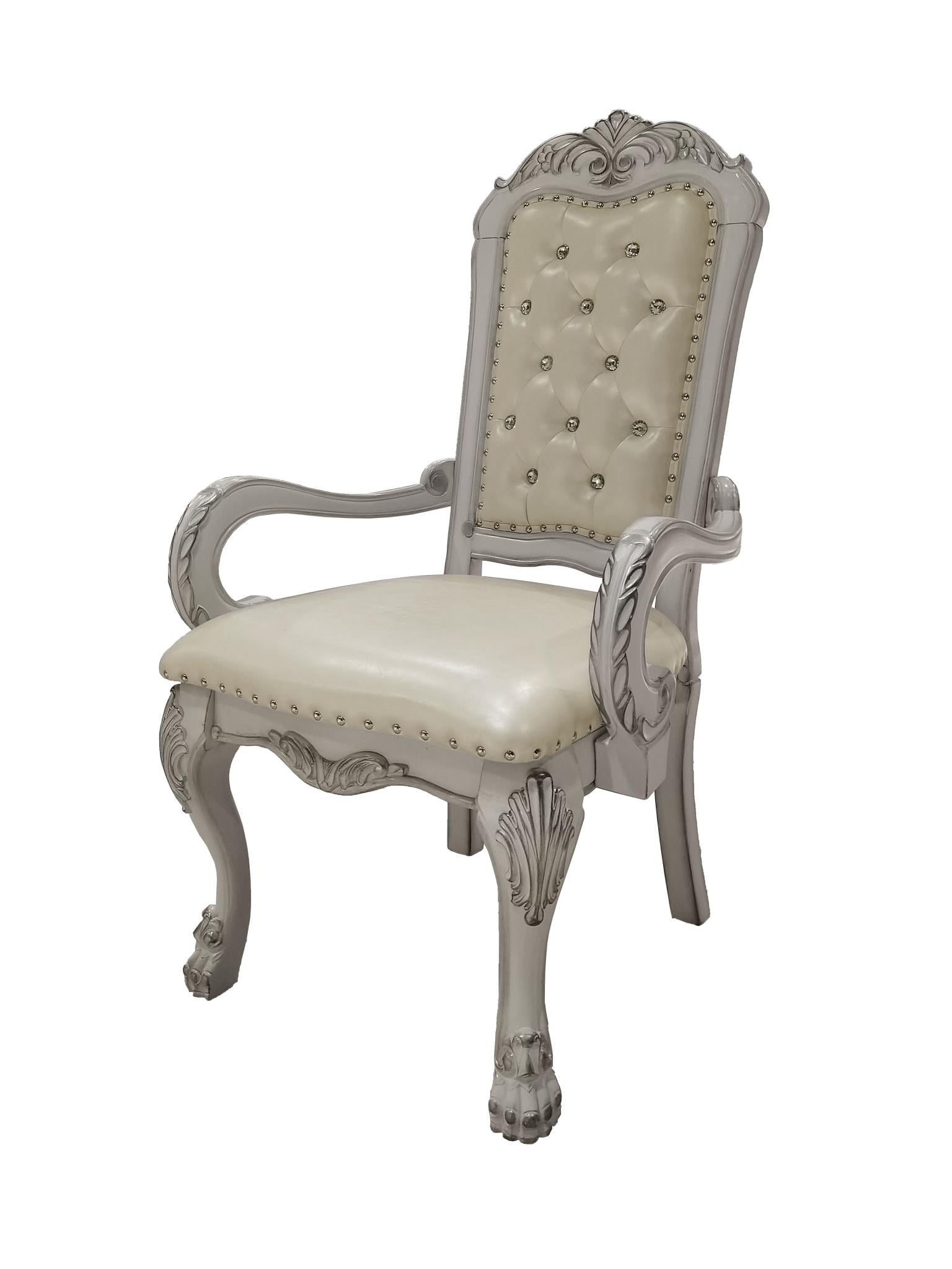 Set of Two Tufted White Upholstered Faux Leather And Wood Dining Arm Chairs