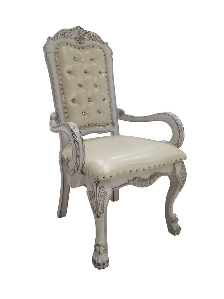 Set of Two Tufted White Upholstered Faux Leather And Wood Dining Arm Chairs