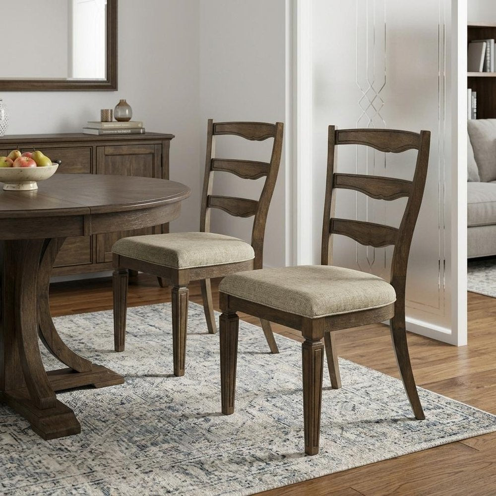 Set of Two Gray and Oak Fabric Open Back Dining Side Chairs