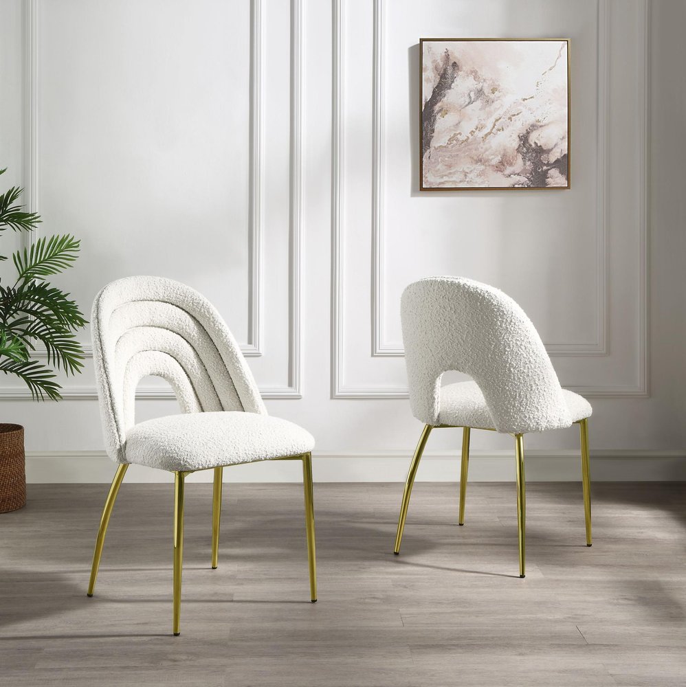 Set of Two Beige and Gold Fabric Dining Side Chairs