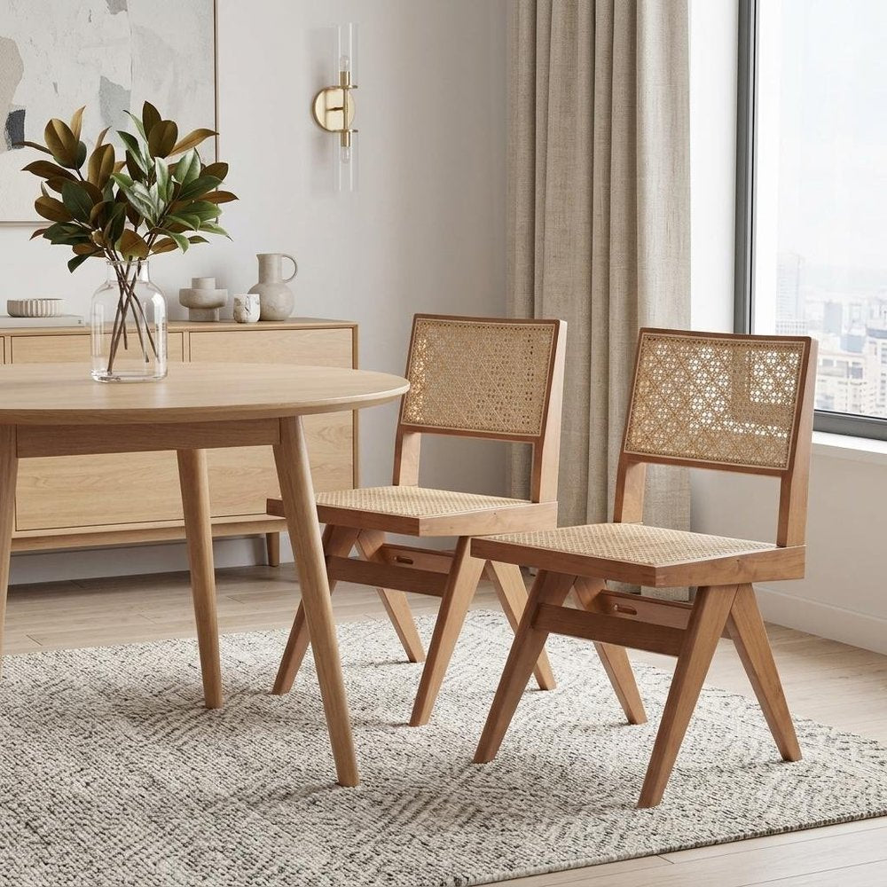 Set of Two Natural Solid Wood and Rattan Open Back Dining Side Chairs