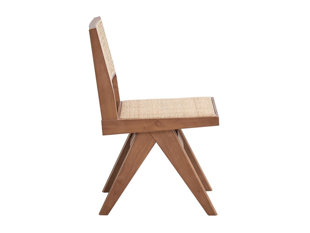 Set of Two Natural Solid Wood and Rattan Open Back Dining Side Chairs