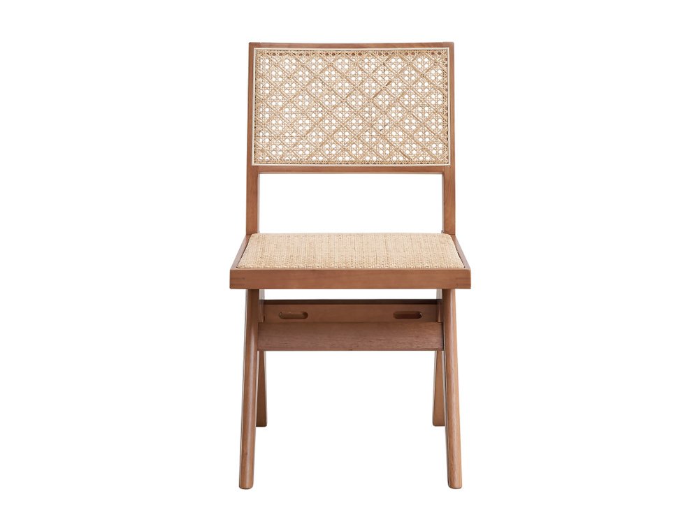 Set of Two Natural Solid Wood and Rattan Open Back Dining Side Chairs