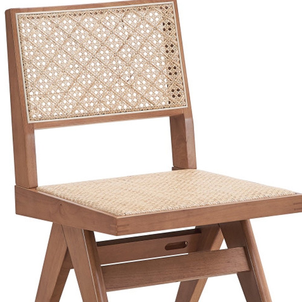 Set of Two Natural Solid Wood and Rattan Open Back Dining Side Chairs
