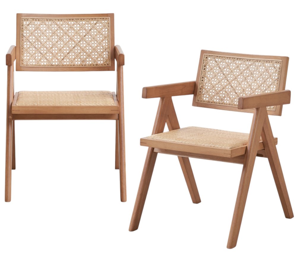 Set of Two Natural Solid Wood and Rattan Open Back Dining Arm Chairs
