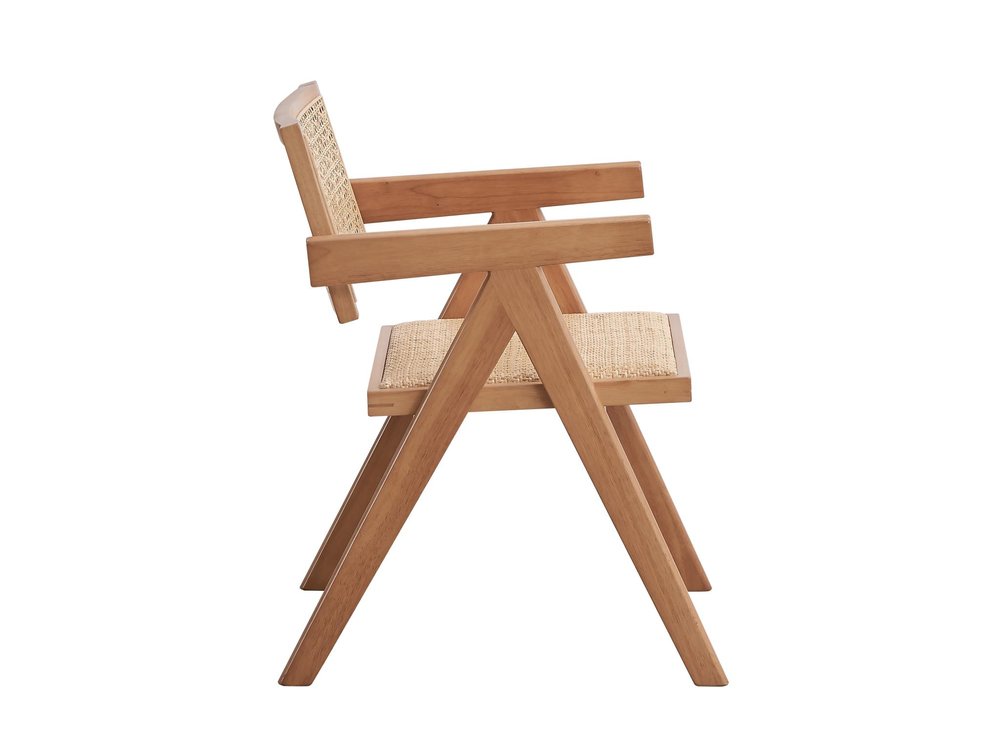 Set of Two Natural Solid Wood and Rattan Open Back Dining Arm Chairs