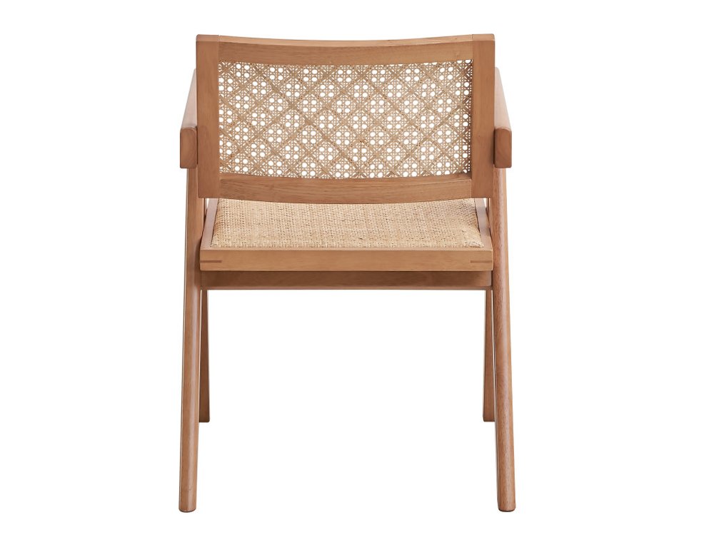 Set of Two Natural Solid Wood and Rattan Open Back Dining Arm Chairs