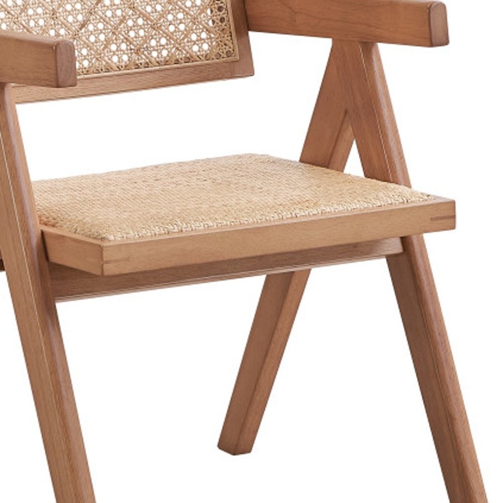 Set of Two Natural Solid Wood and Rattan Open Back Dining Arm Chairs