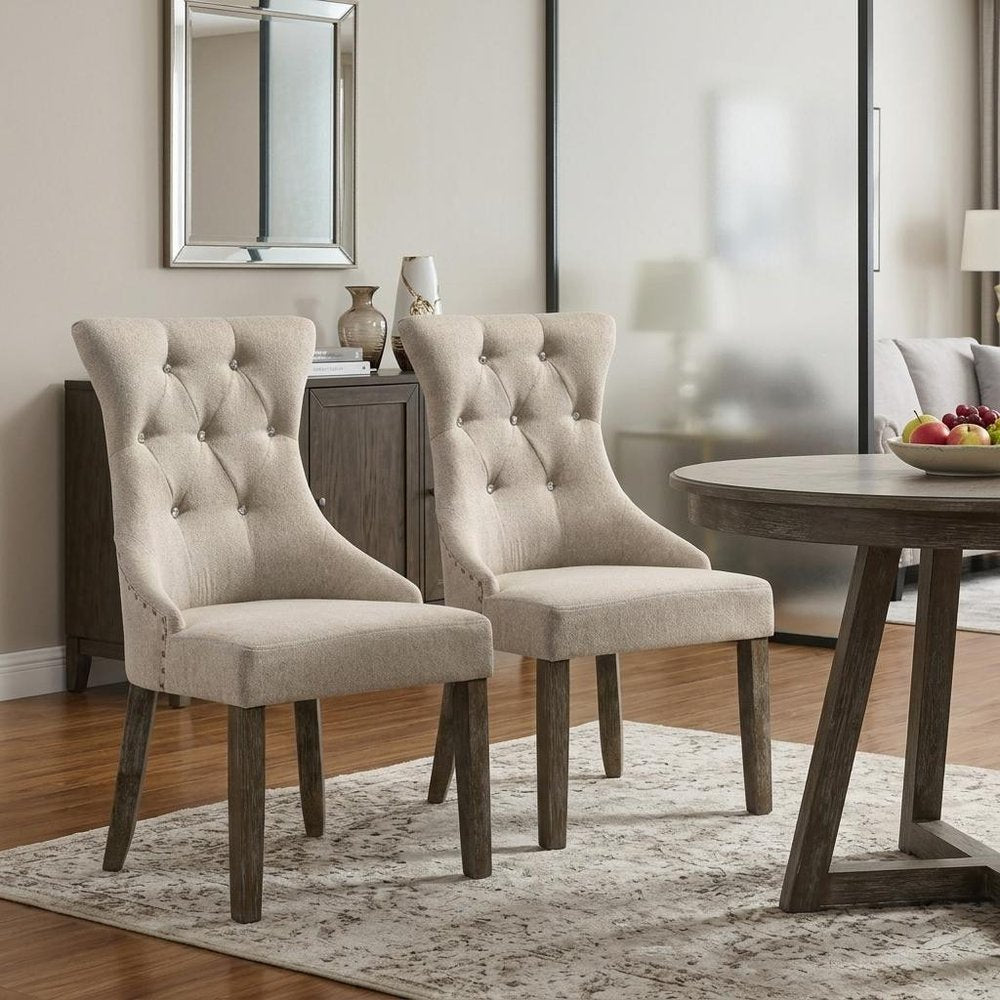 Set of Two Gray Tufted Fabric Dining Side Chairs