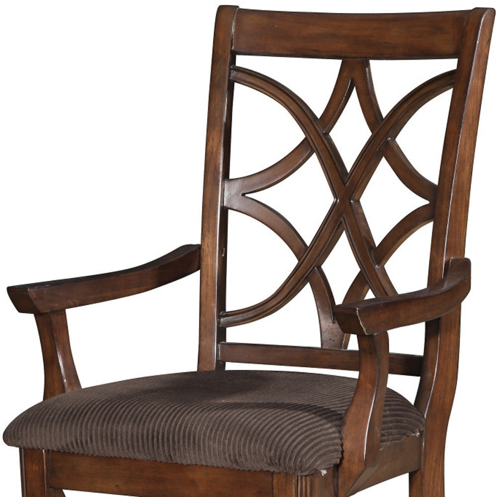 Set of Two Brown Upholstered Microfiber And Solid Wood Open Back Dining Arm Chairs