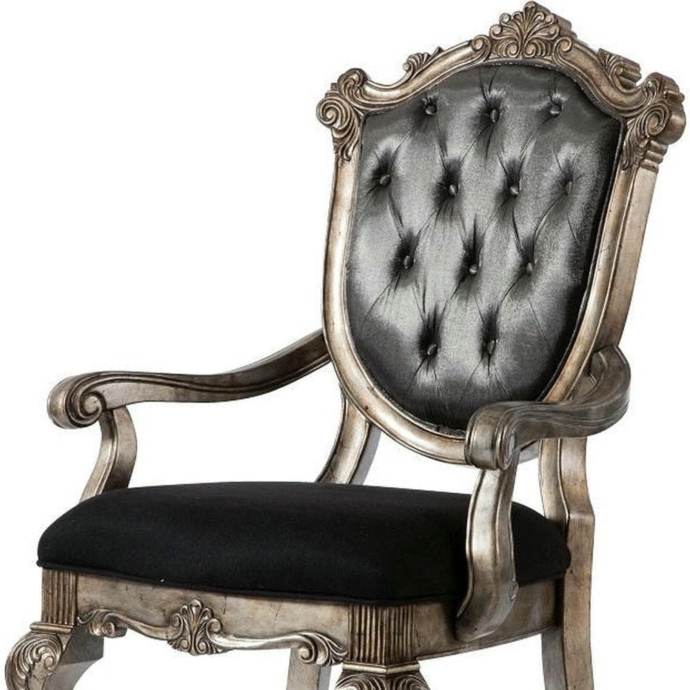 Set of Two Dark Gray and Platinum Tufted Fabric Open Back Dining Arm Chairs
