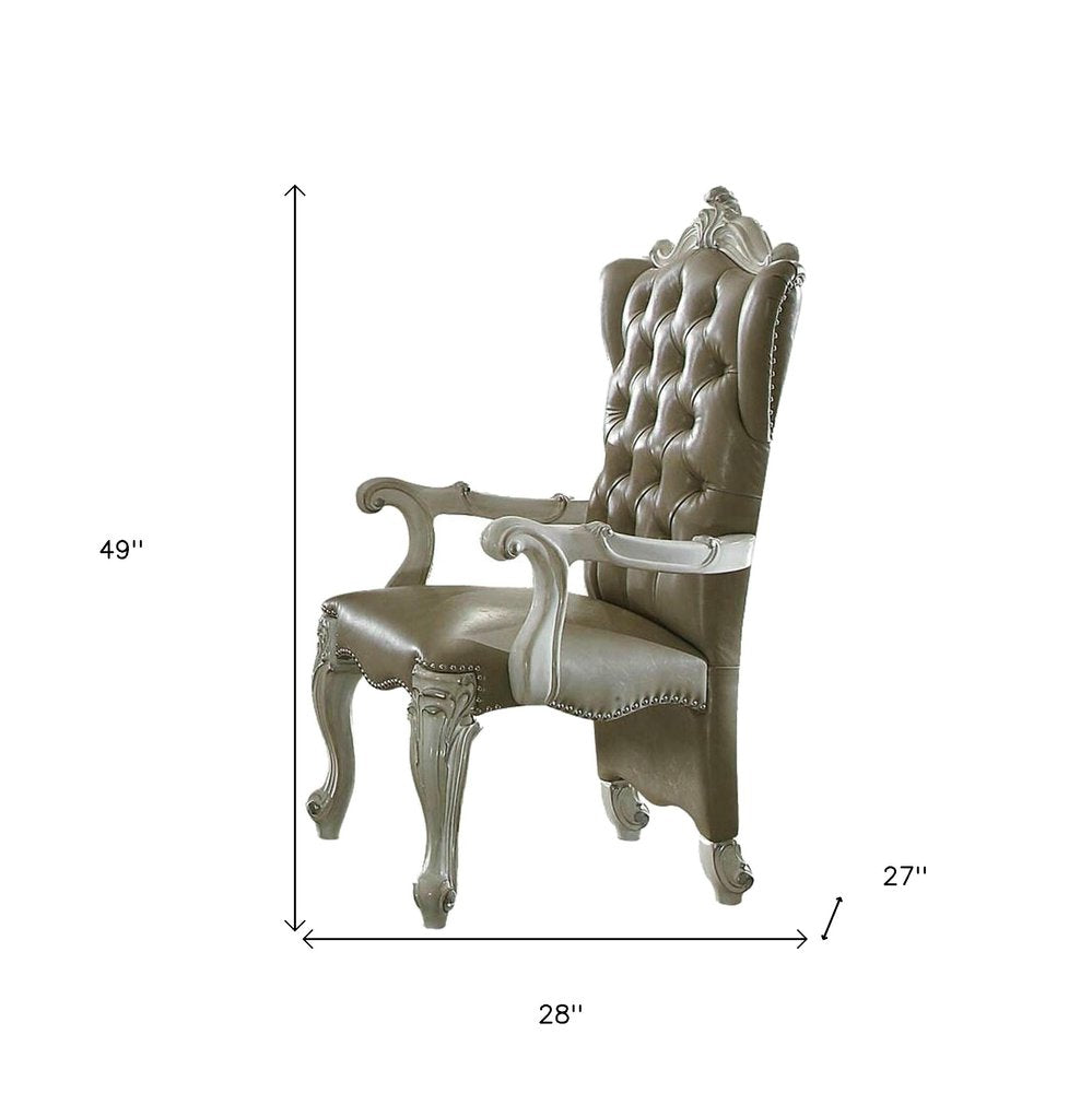 Set of Two Gray and Bone Tufted Faux Leather Wing Back Dining Arm Chairs