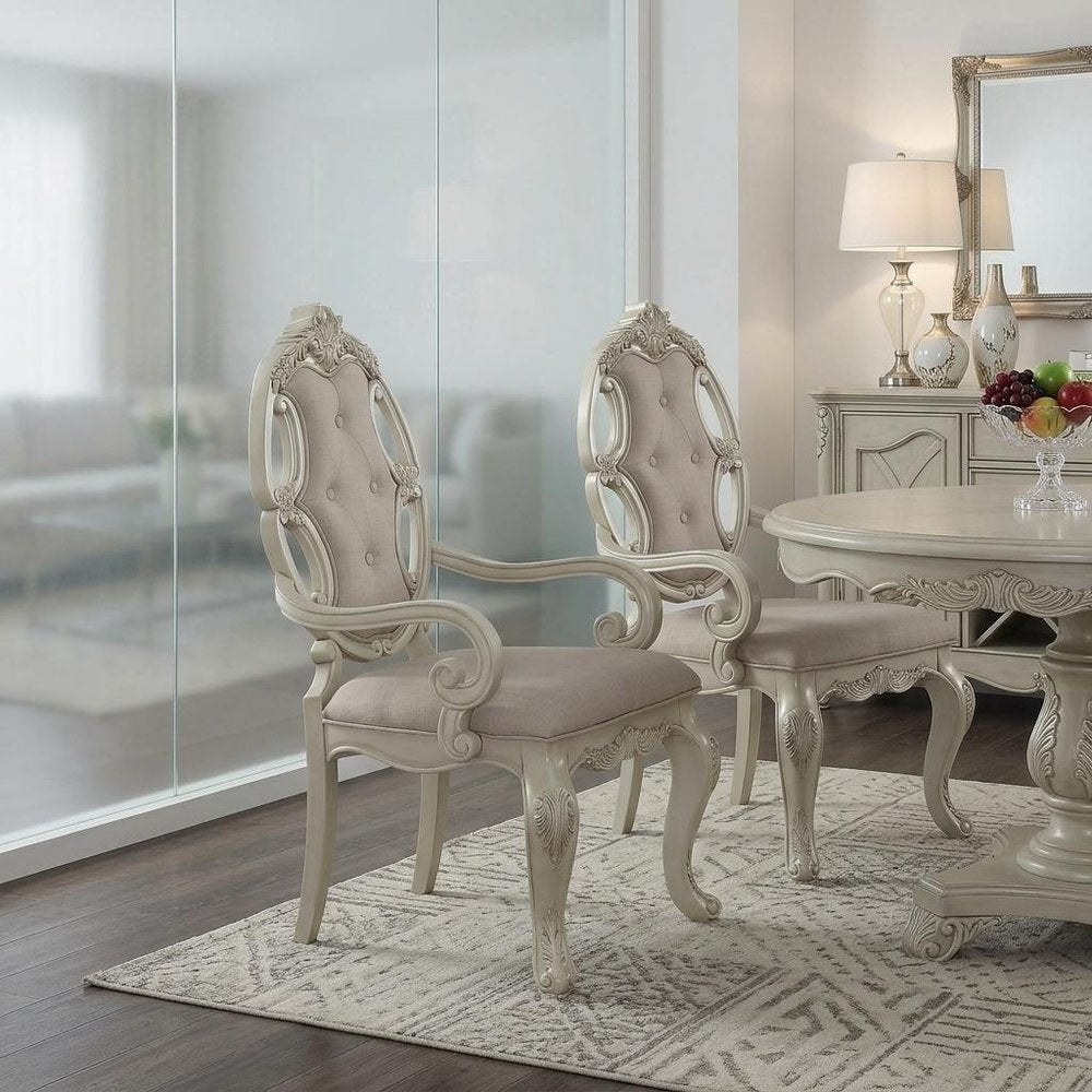 Set of Two Gray and Antiqued White Tufted Fabric Dining Arm Chairs