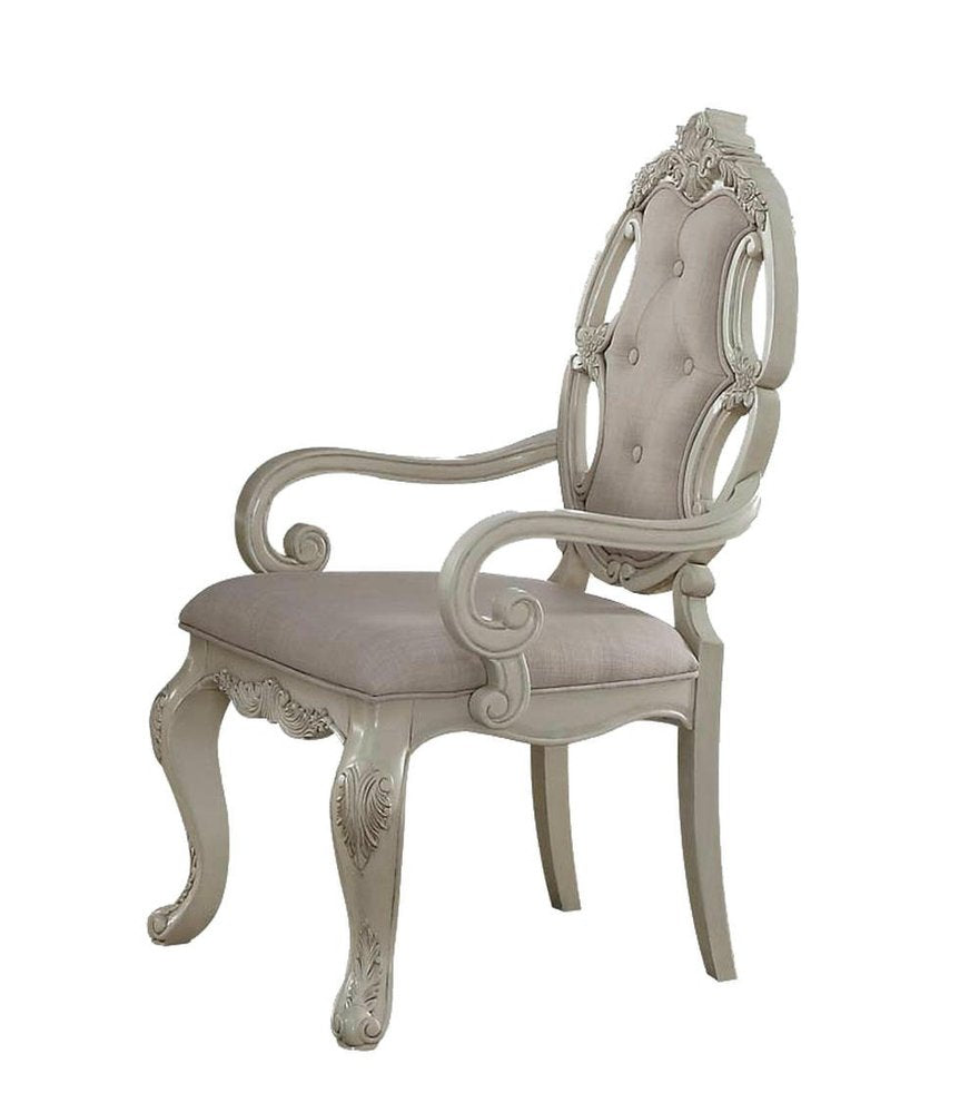 Set of Two Gray and Antiqued White Tufted Fabric Dining Arm Chairs