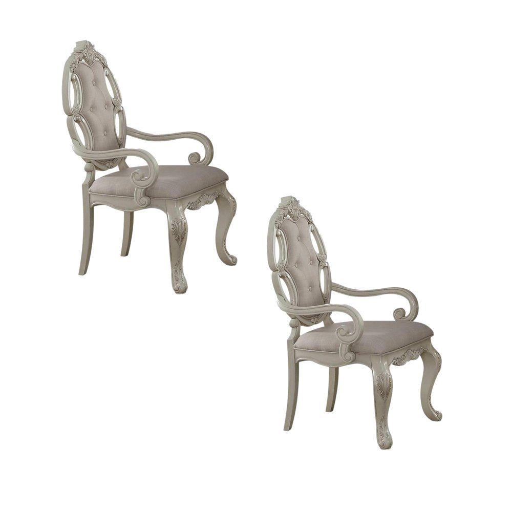 Set of Two Gray and Antiqued White Tufted Fabric Dining Arm Chairs