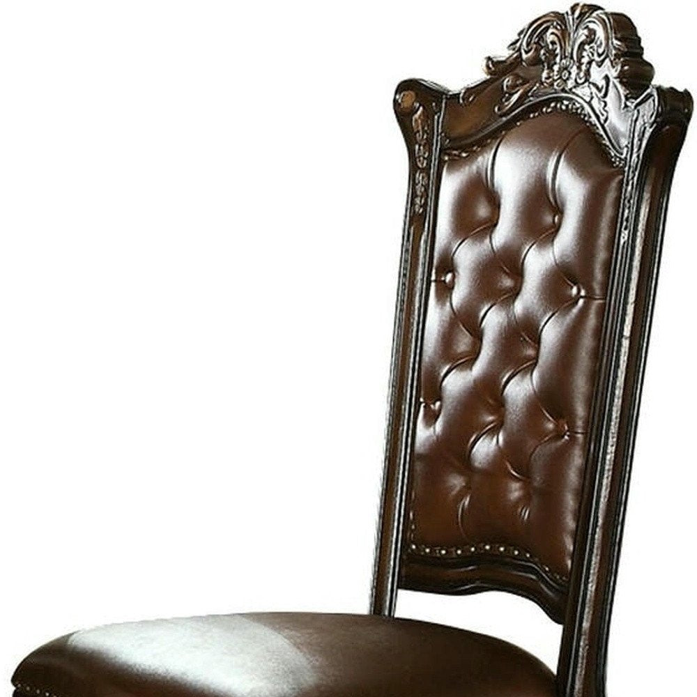 Set of Two Dark Brown and Mahogany Tufted Faux Leather Dining Side Chairs