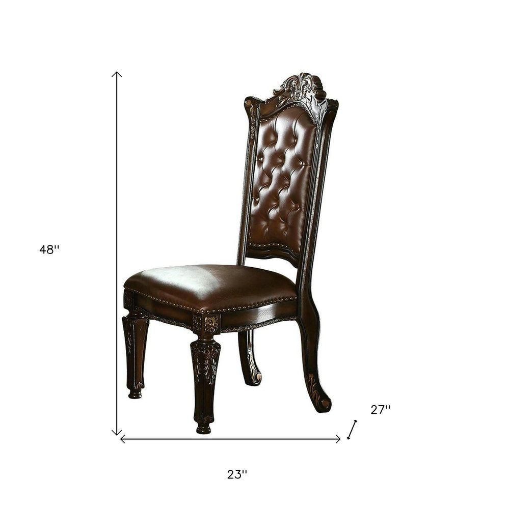 Set of Two Dark Brown and Mahogany Tufted Faux Leather Dining Side Chairs